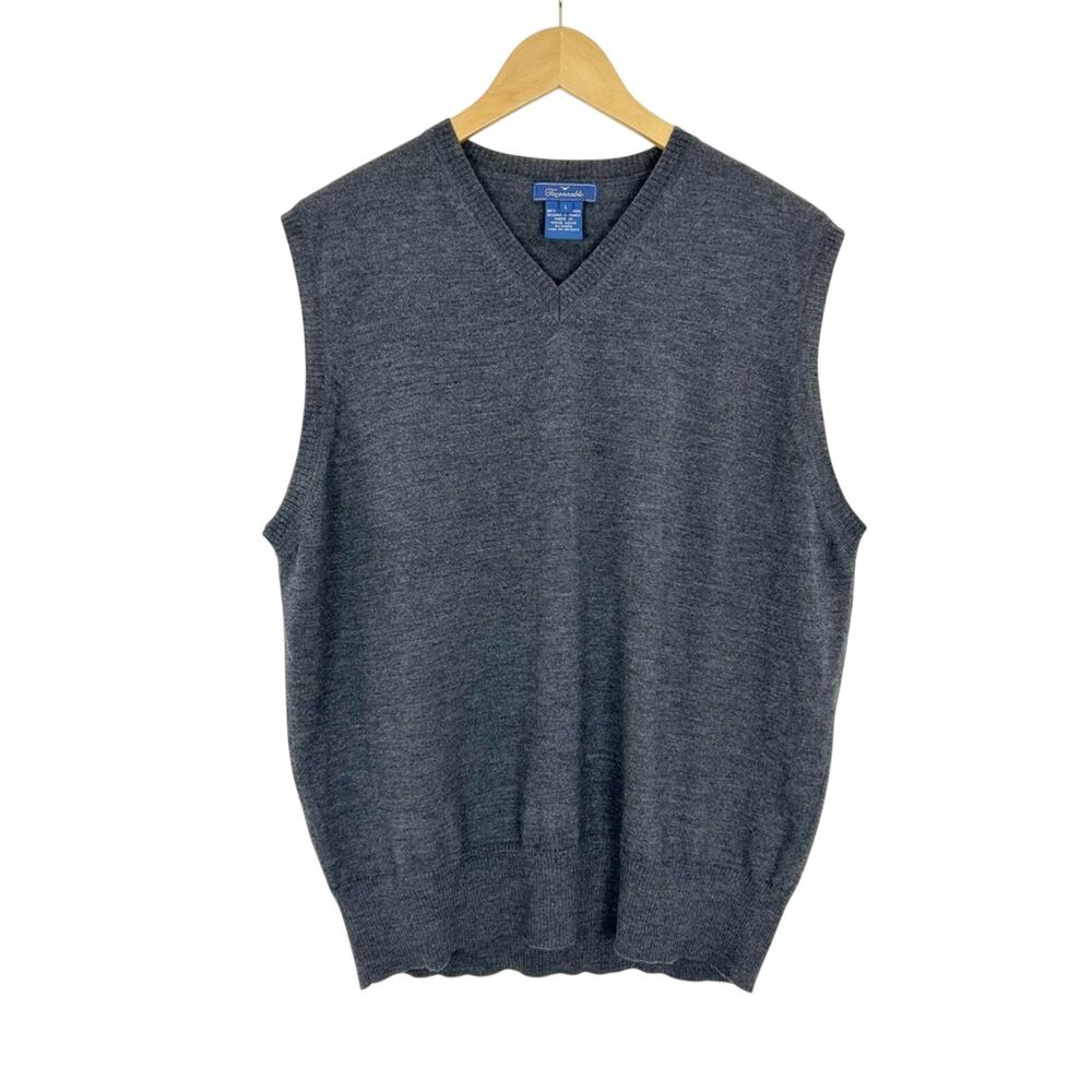Vintage Faconnable Merino Wool Sweater Vest Knit Gray‎ V-neck Size Large